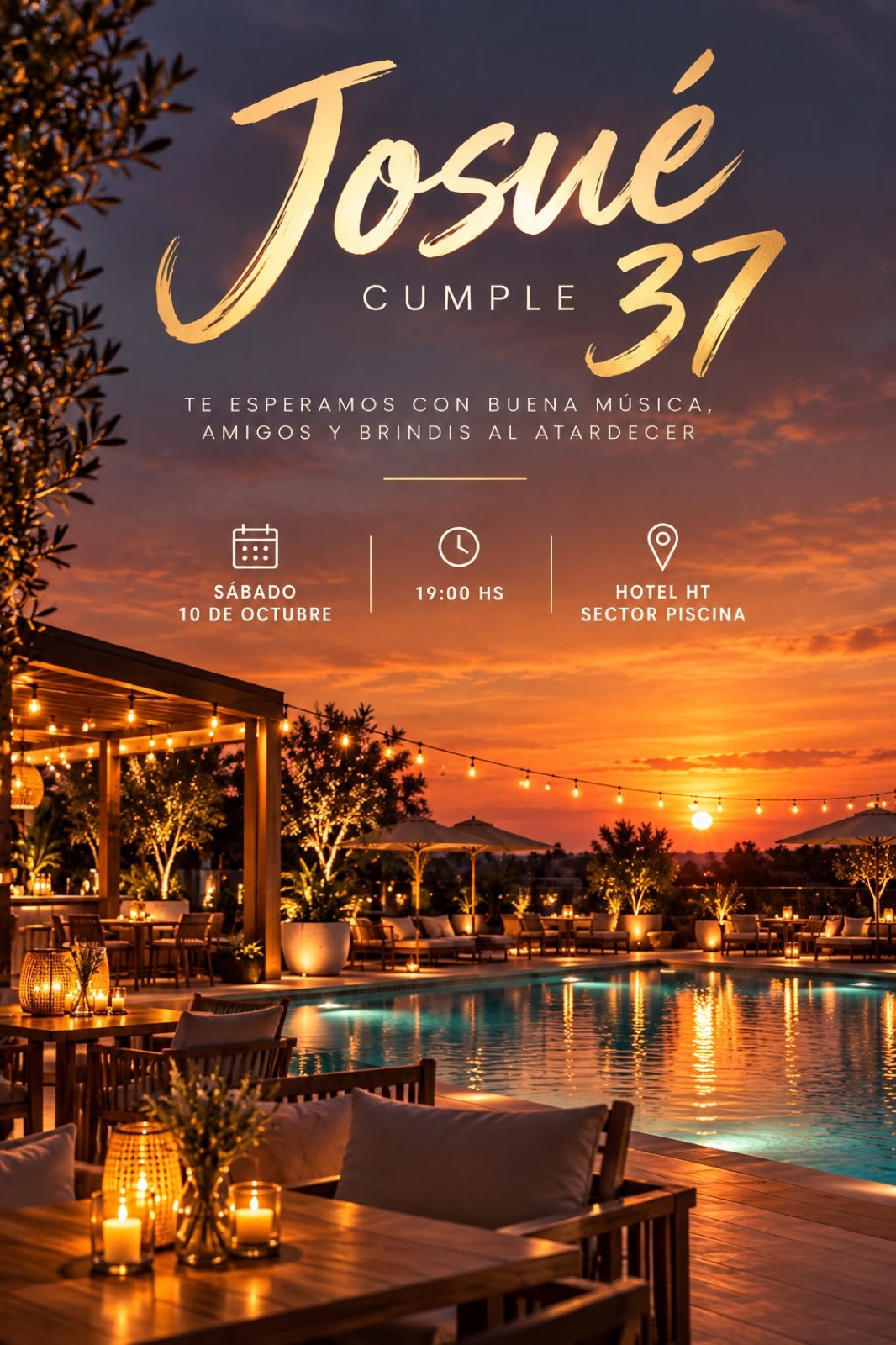 Invitación: Josué cumple 37, sábado 10 de octubre, 19:00 hs, Hotel HT sector piscina